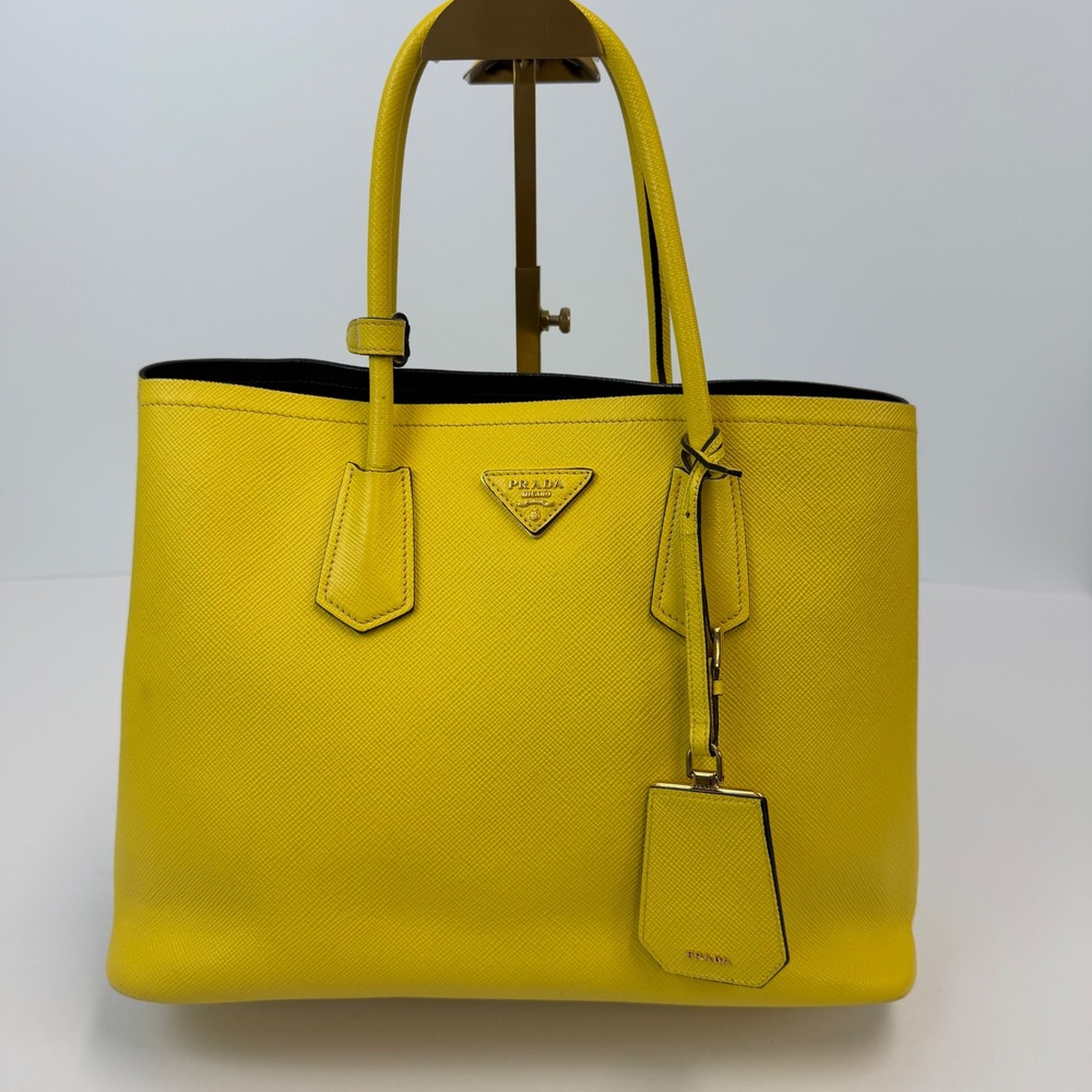 Prada Double Bag Saffiano Cuir Yellow Leather‎ Tote Handbag B2756T
